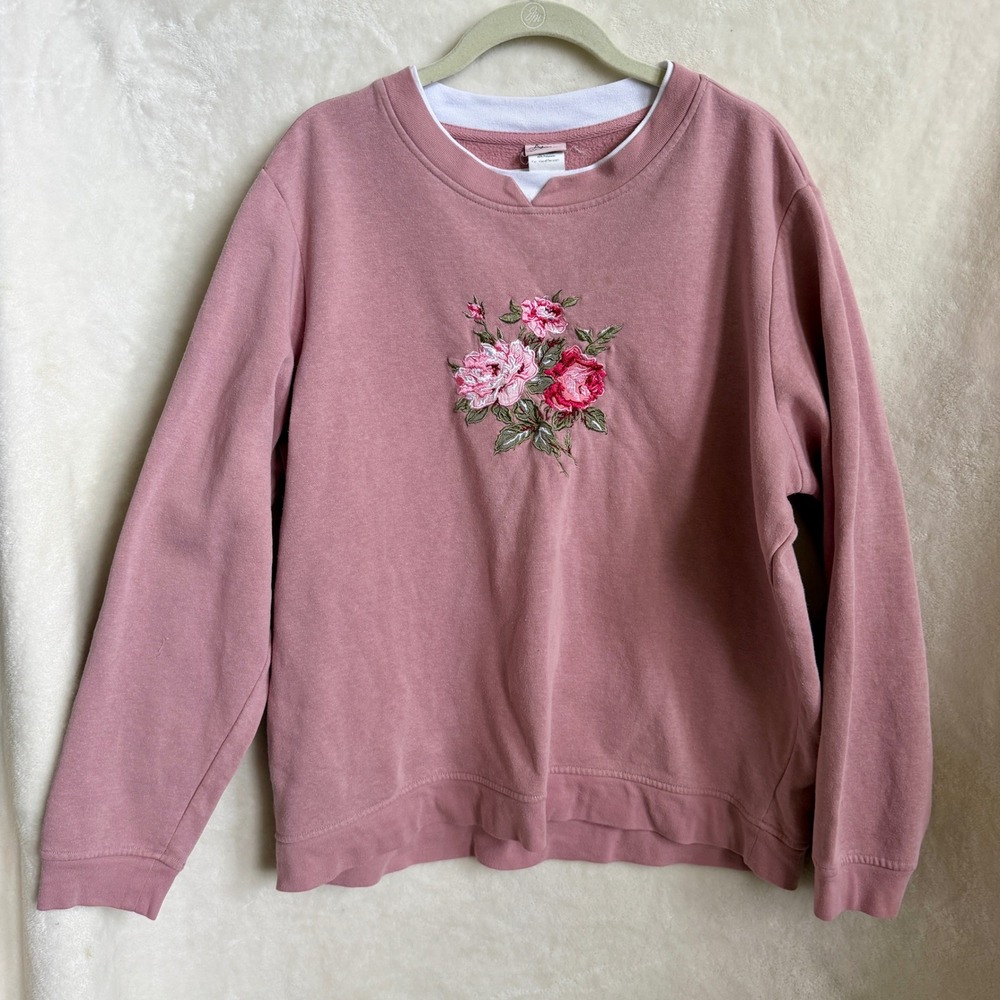 Adrian Delafield Mauve Floral Embroidered Crewneck Sweatshirt Size XL Cotton